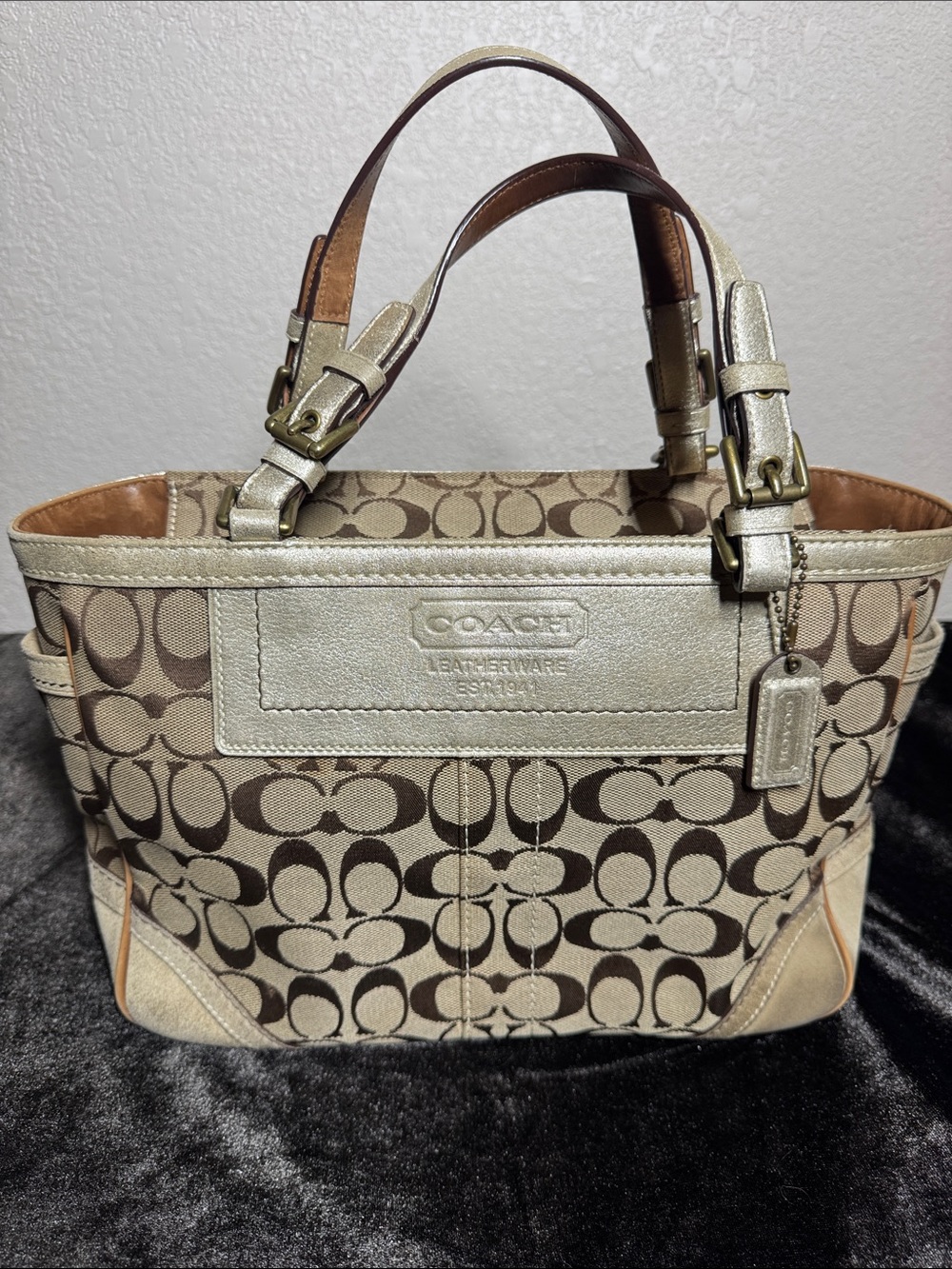 Coach Signature Canvas & Suede, Metallic Leather Straps & Gold Accents